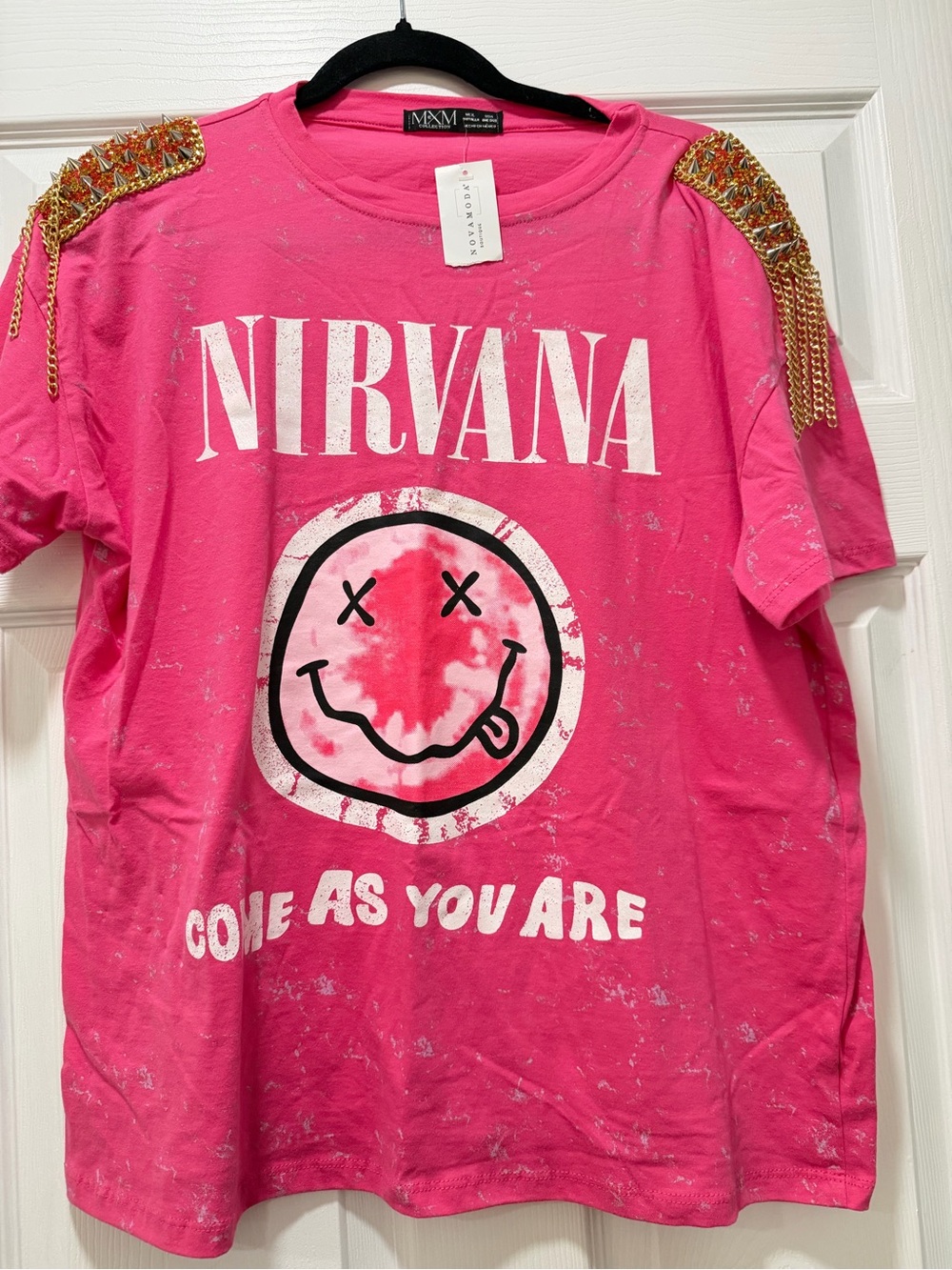 Nirvana Pink Graphic Tee with Gold Chain Shoulder Detail